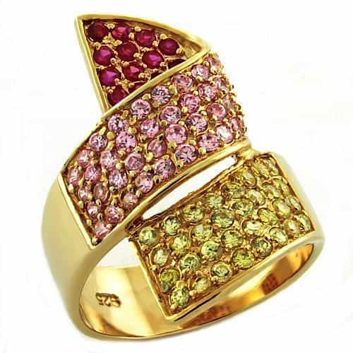 Sterling Silver Gold Pink Yellow CZ Crossover Pave Cocktail Ring view 1