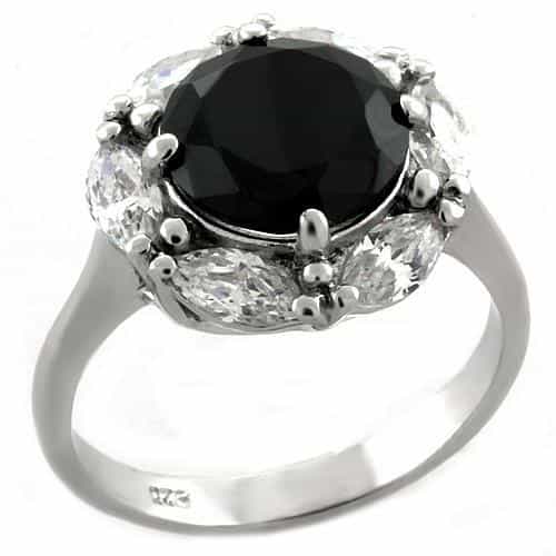 Sterling Silver Black Onyx CZ Round Halo Cluster Cocktail Ring view 2