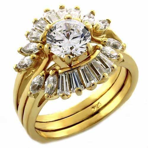 Sterling Silver Gold CZ Round Baguette Halo Bridal Ring Set Ring view 1