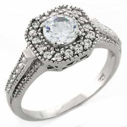 Sterling Silver CZ Round Cushion Halo Milgrain Ring view 2
