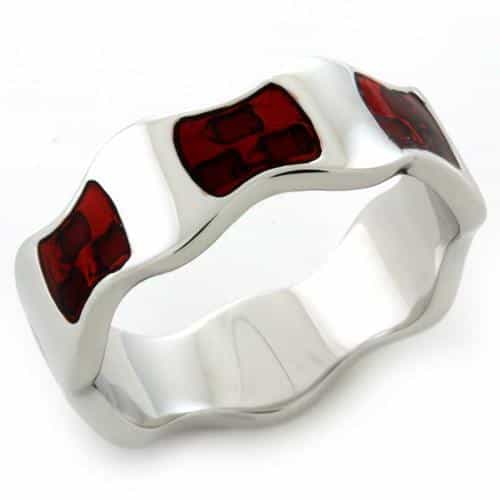 Sterling Silver Red Enamel Wave Channel Wide Band Ring view 1