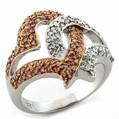Sterling Silver Champagne Pink CZ Interlocking Heart Pave Ring view 1