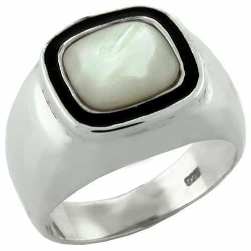 Sterling Silver Mother of Pearl Black Onyx Cushion Greek Key Ring view 2