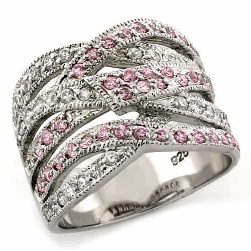 Sterling Silver Pink White CZ Multi Row Wave Wide Band Ring view 2