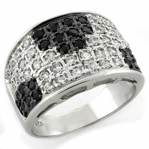 Sterling Silver Black White CZ Checkerboard Pave Dome Ring view 1
