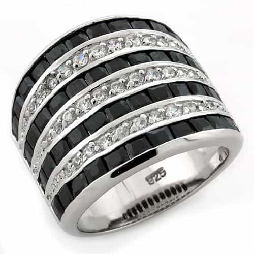 Sterling Silver Black CZ Baguette Multi Row Wide Band Ring view 1