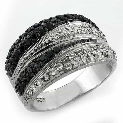 Sterling Silver Black White CZ Multi Row Crossover Wave Ring view 1