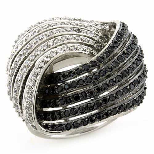 Sterling Silver Black White CZ Multi Row Wave Wide Band Ring view 2