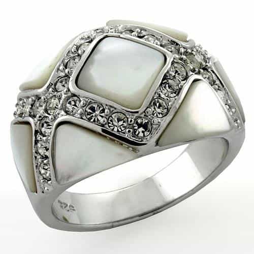Sterling Silver Mother of Pearl CZ Diamond Shape Wide Band Ring view 1