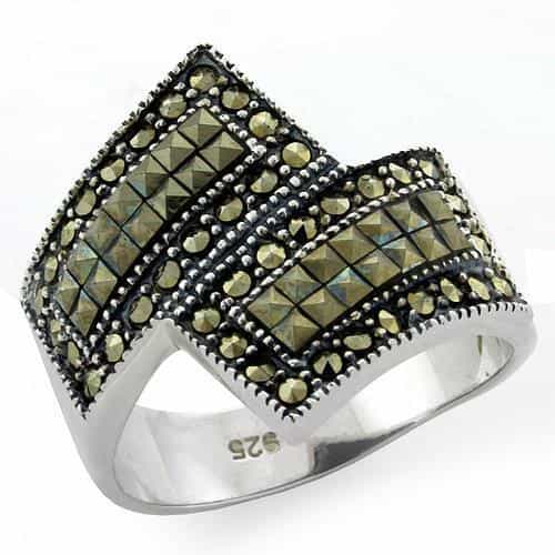 Sterling Silver Marcasite Checkerboard Basket Weave Wide Ring view 2