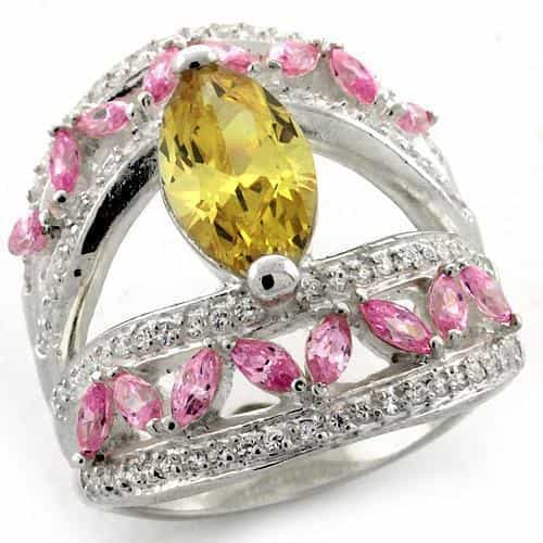 Sterling Silver Yellow Pink CZ Marquise Halo Cocktail Ring view 2