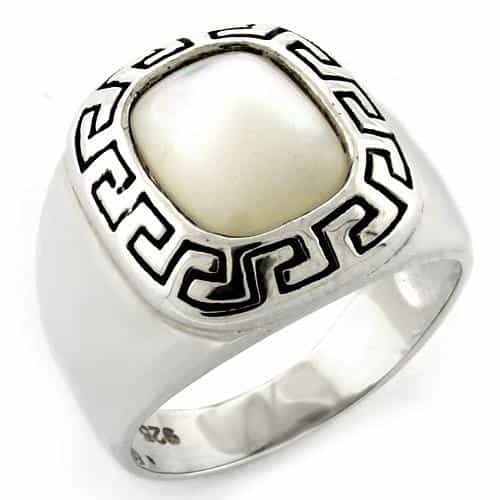 Sterling Silver Mother of Pearl Cushion Greek Key Signet Ring view 1