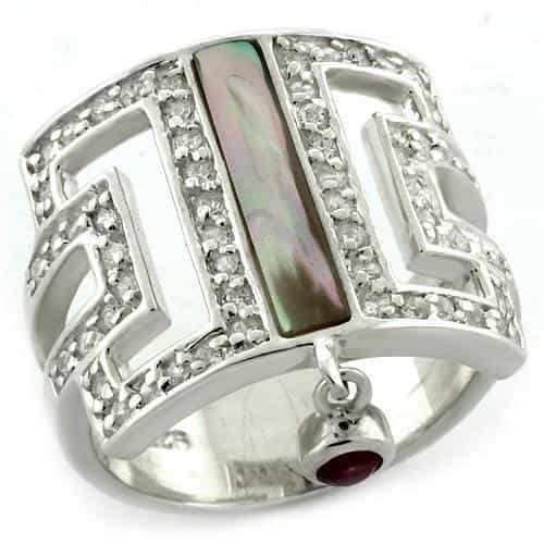 Sterling Silver Mother of Pearl Shell CZ Greek Key Wide Band Ring view 2