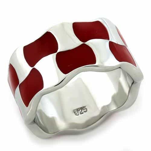 Sterling Silver Red White Enamel Checkerboard Wave Band Ring view 2