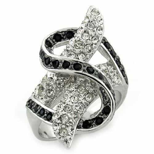 Sterling Silver Black White CZ Pave Swirl Crossover Ring view 1