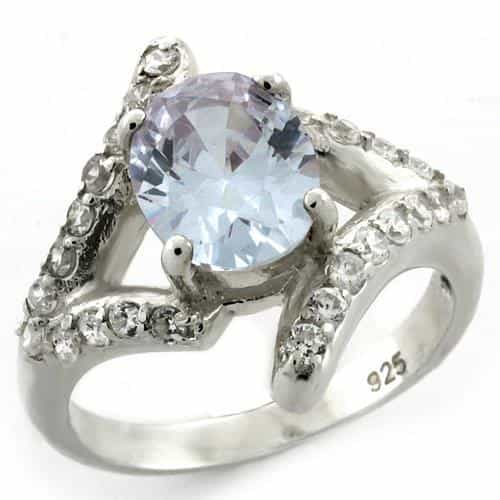 Sterling Silver Light Blue CZ Oval Solitaire Halo Ring view 2