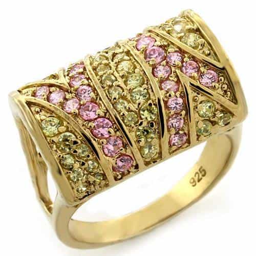 Sterling Silver Gold Pink Green CZ Multi Row Chevron Wide Ring view 1