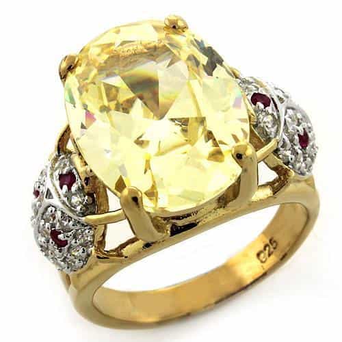 Sterling Silver Gold Yellow CZ Cushion Ruby Accent Cocktail Ring view 2