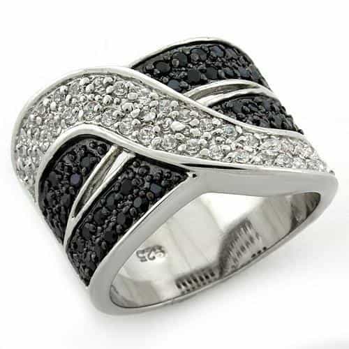 Sterling Silver Black White CZ Pave Crossover Wave Band Ring view 1