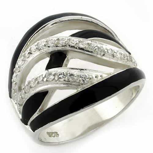 Sterling Silver Black Enamel CZ Crossover Wave Wide Band Ring view 1