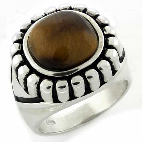Sterling Silver Tiger Eye Cabochon Round Bead Frame Signet Ring view 1