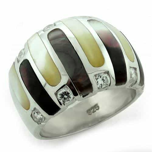 Sterling Silver Mother of Pearl Shell CZ Striped Dome Ring view 1
