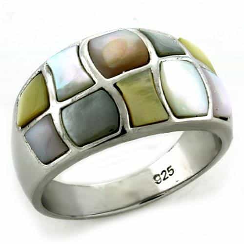 Sterling Silver Mother of Pearl Abalone Mosaic Wide Band Ring view 1