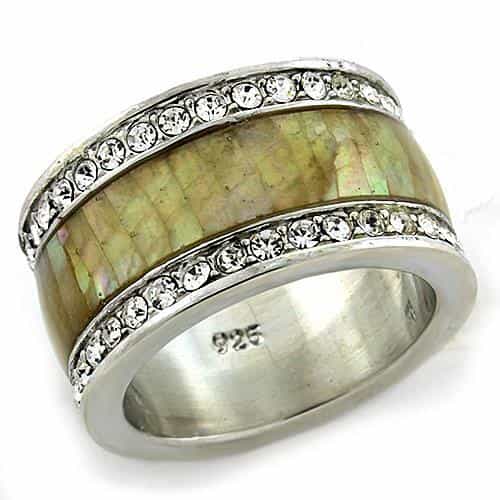 Sterling Silver Mother of Pearl Abalone CZ Channel Band Ring view 2