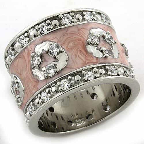 Sterling Silver Pink Enamel CZ Floral Rose Wide Band Ring view 1