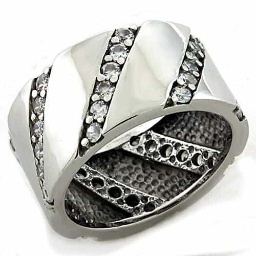 Sterling Silver CZ Diagonal Stripe Pave Wide Band Ring view 2