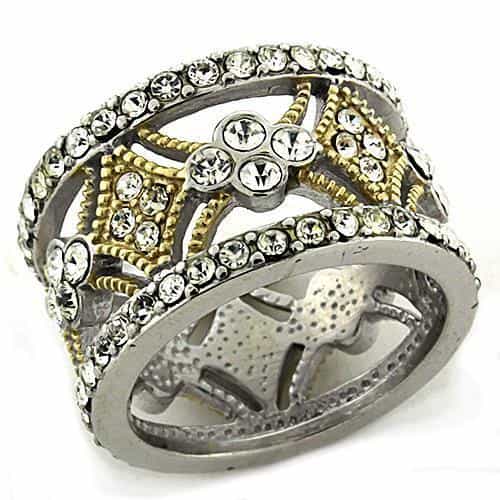 Sterling Silver Gold Two Tone CZ Filigree Lattice Wide Band Ring view 1