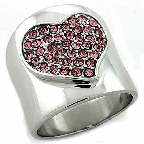 Sterling Silver Pink CZ Heart Pave Dome Ring view 1
