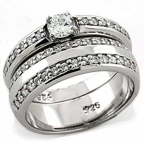 Sterling Silver CZ Round Solitaire Pave Three Band Bridal Ring view 2