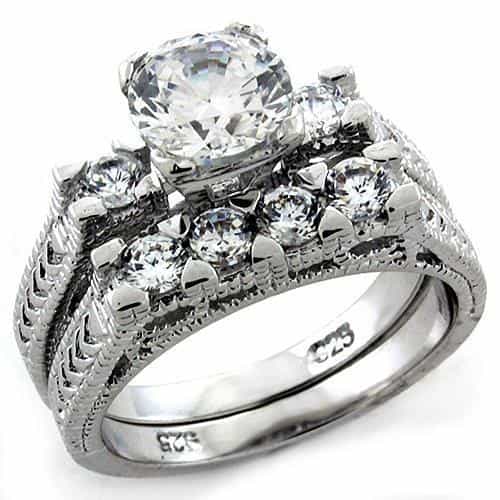 Sterling Silver CZ Round Princess Cluster Bridal Ring Set Ring view 1