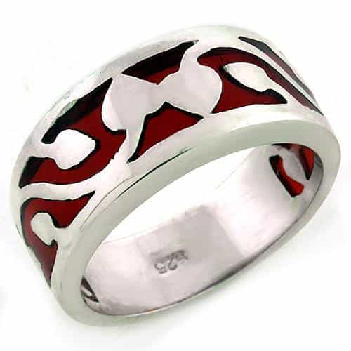 Sterling Silver Red Enamel Scroll Cutout Wide Band Ring view 2