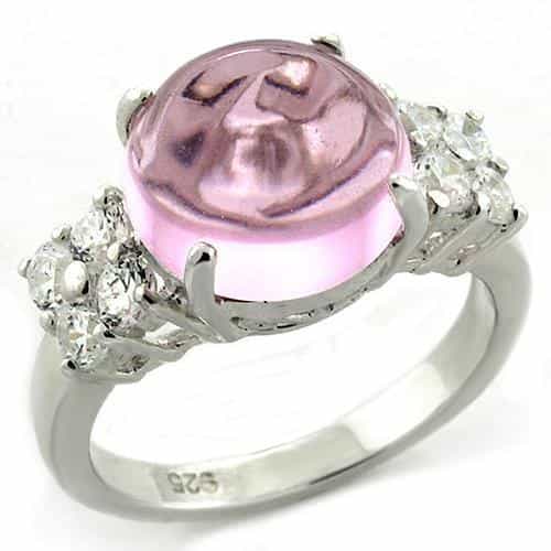 Sterling Silver Pink Cat Eye Cabochon CZ Solitaire Ring view 2