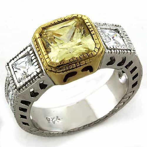 Sterling Silver Gold Yellow CZ Princess Halo Filigree Ring view 1