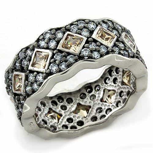 Sterling Silver Champagne CZ Princess Wave Pave Wide Band Ring view 1