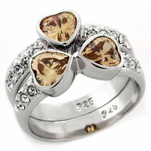 Sterling Silver Champagne CZ Heart Double Band Stacking Ring view 2