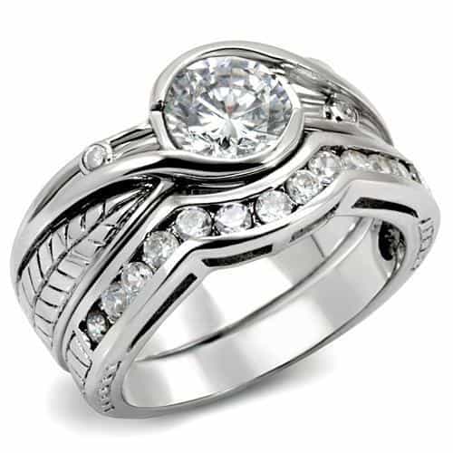 Sterling Silver CZ Round Bezel Baguette Channel Bridal Set Ring view 1
