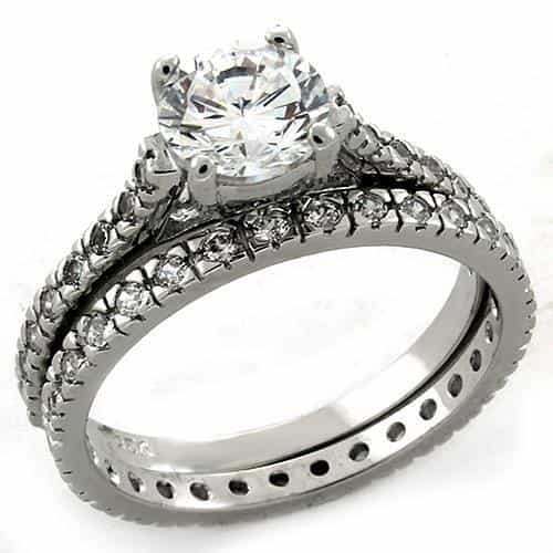 Sterling Silver CZ Round Solitaire Pave Eternity Bridal Set Ring view 2