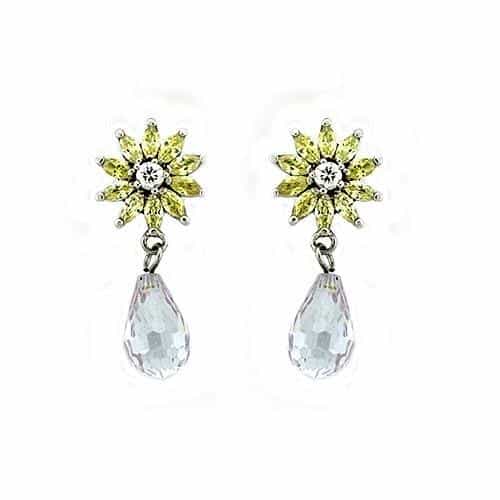 Sterling Silver Yellow Green CZ Flower Briolette Drop Earrings view 1