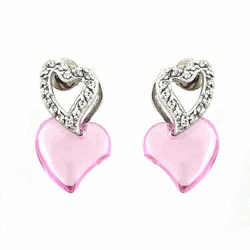 Sterling Silver CZ Heart Pink Glass Drop Dangle Earrings view 1