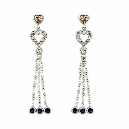 Sterling Silver Gold Champagne CZ Heart Sapphire Tassel Earrings view 1