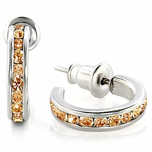 Sterling Silver Champagne Peach CZ Channel Huggie Hoop Earrings view 1