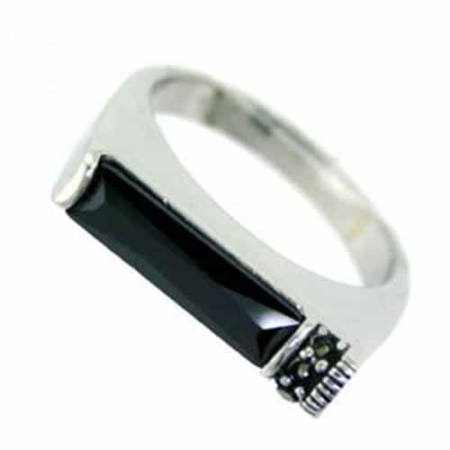 Sterling Silver Black Onyx Baguette Marcasite Flat Top Ring view 2