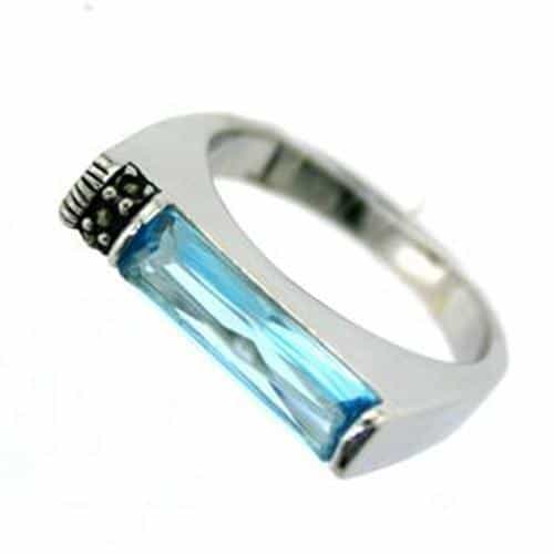 Sterling Silver Blue Topaz CZ Baguette Marcasite Flat Top Ring view 1