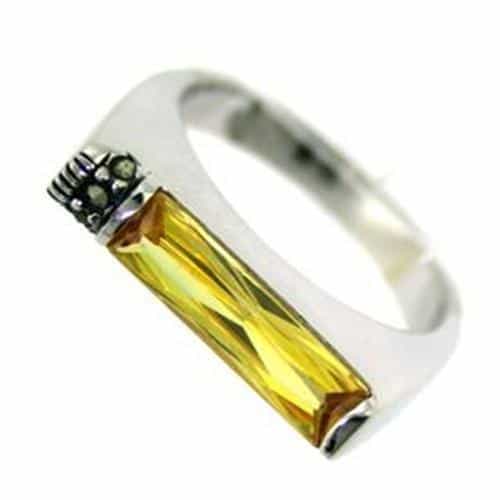 Sterling Silver Yellow Citrine CZ Baguette Marcasite Flat Ring view 1