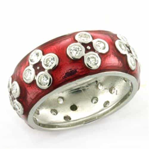Sterling Silver Red Enamel CZ Flower Scattered Wide Band Ring view 1