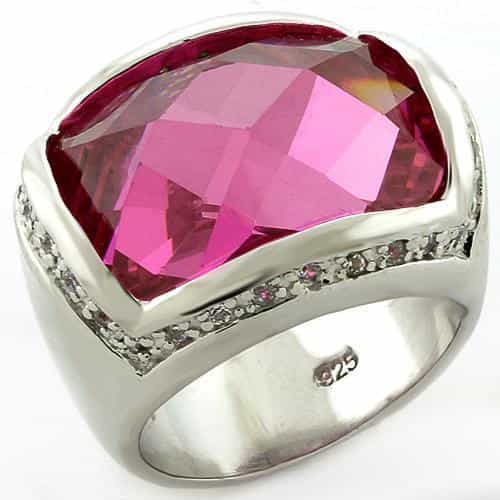 Sterling Silver Pink Fuchsia CZ Cushion Pave Wide Band Ring view 2